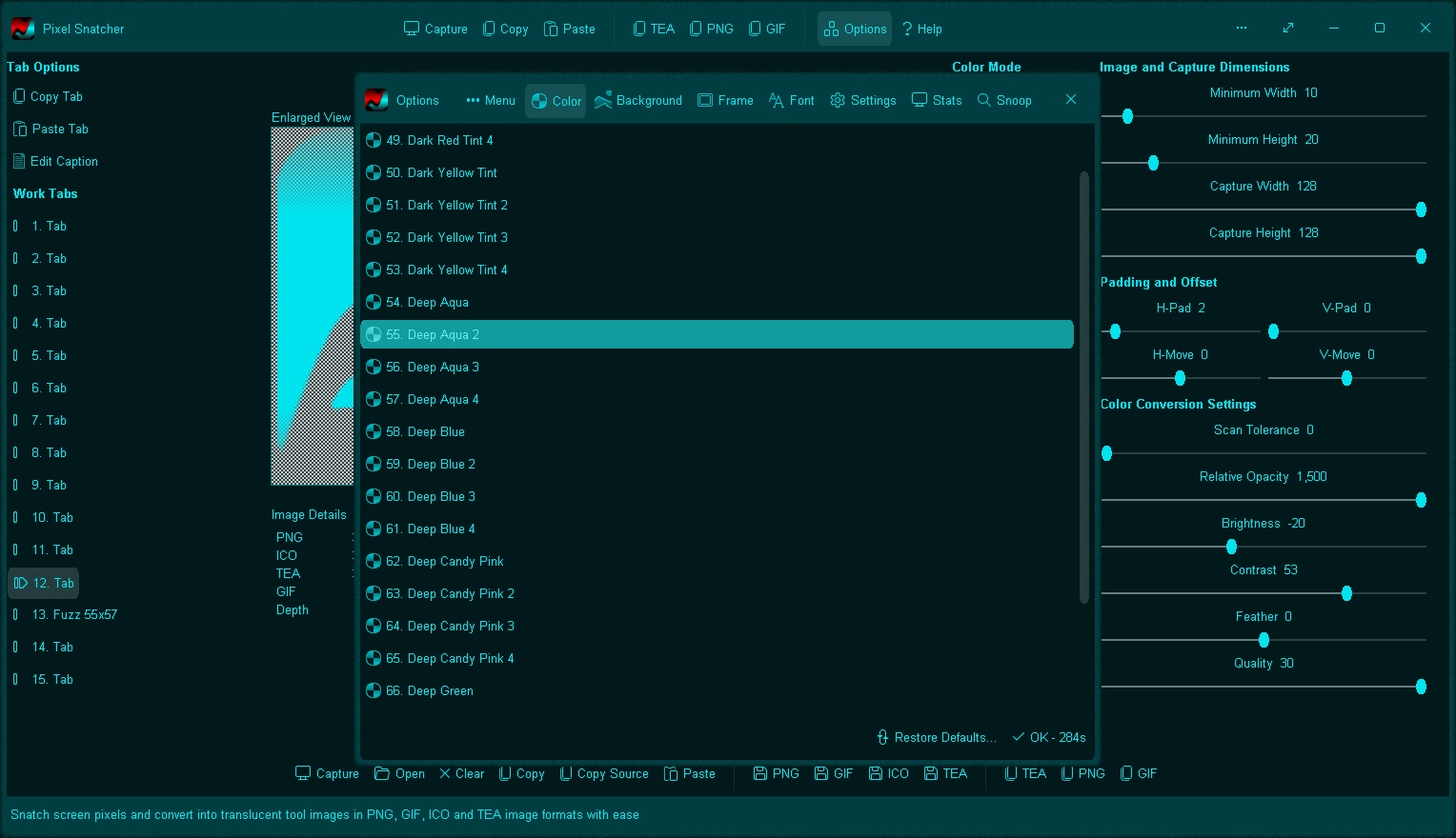 Pixel Snatcher colored with the Deep Aqua 2 color scheme - "Options > Color"
Click to view image full size in a new tab